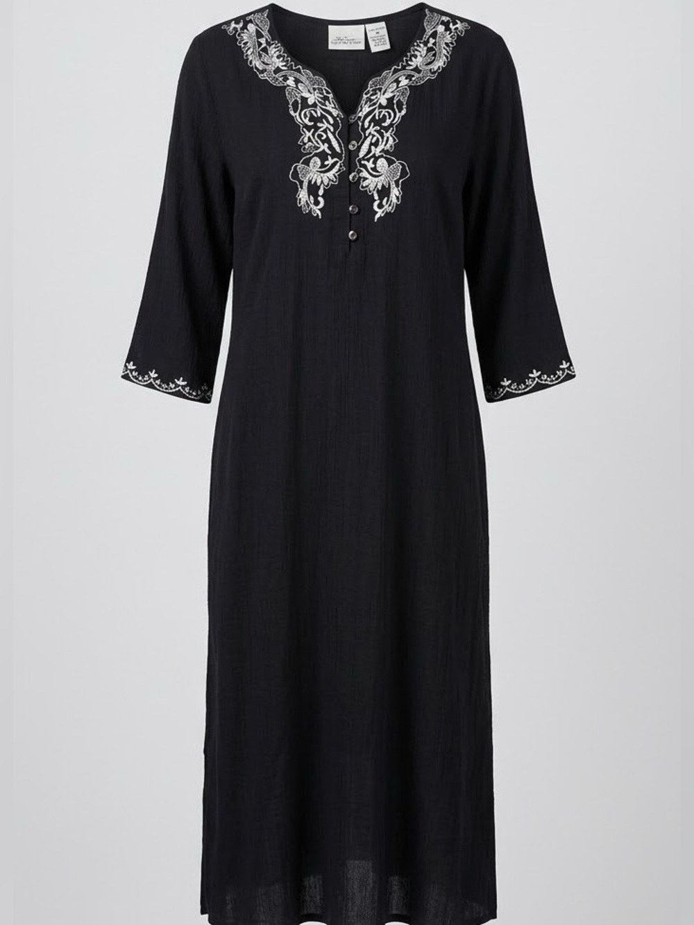 Vermont Country Store Black Embroidered V-Neck Midi Dress Medium 100% cotton